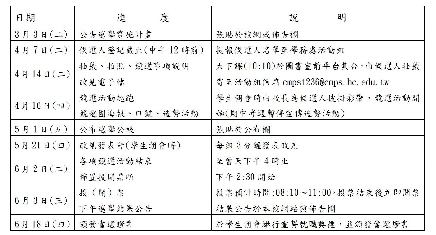 本學期學生自治選舉活動行事曆
