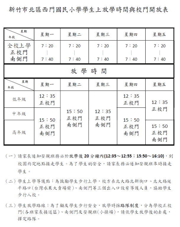 西門國小學生上放學時段與接送校門開放表